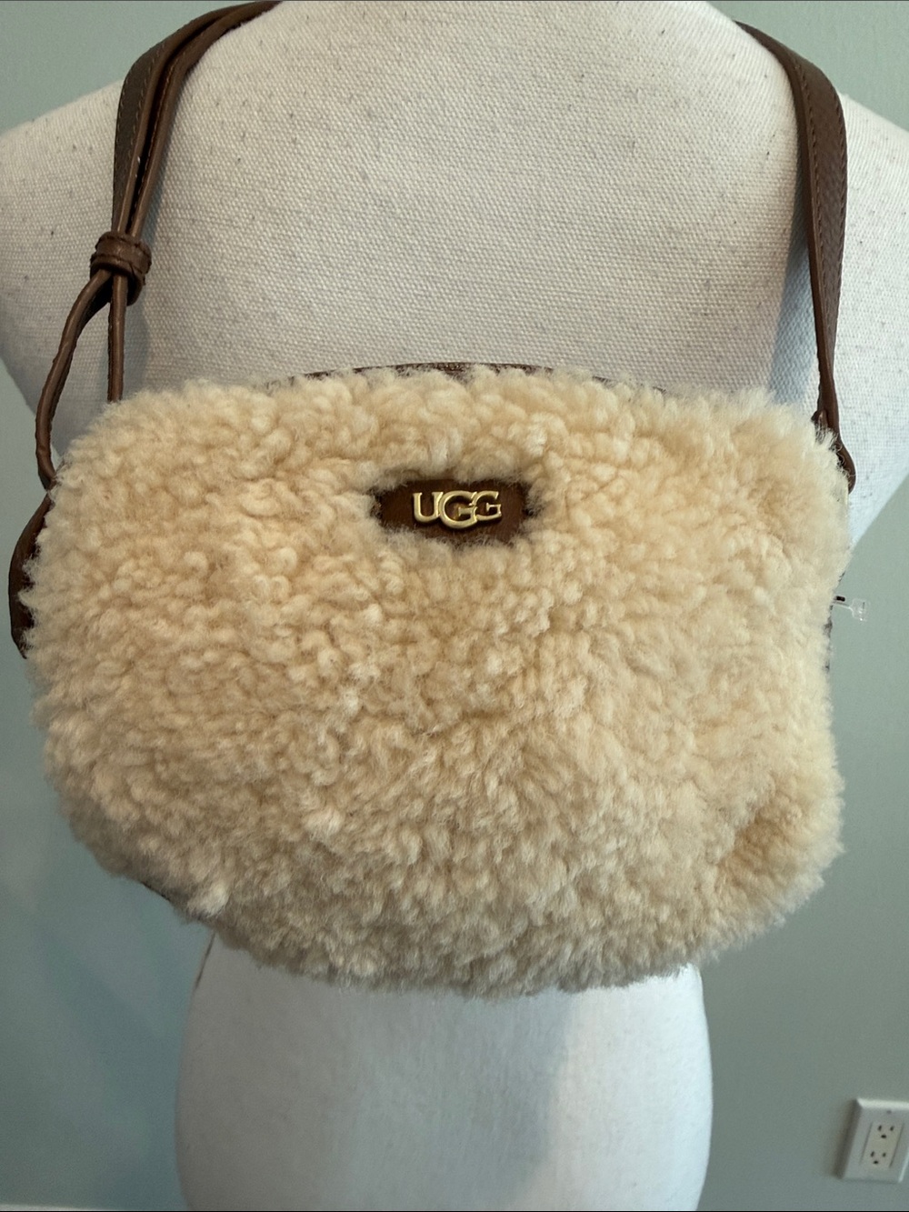 UGG Cream Shearling Crossbody with Brown Leather Strap 100% sheepskin